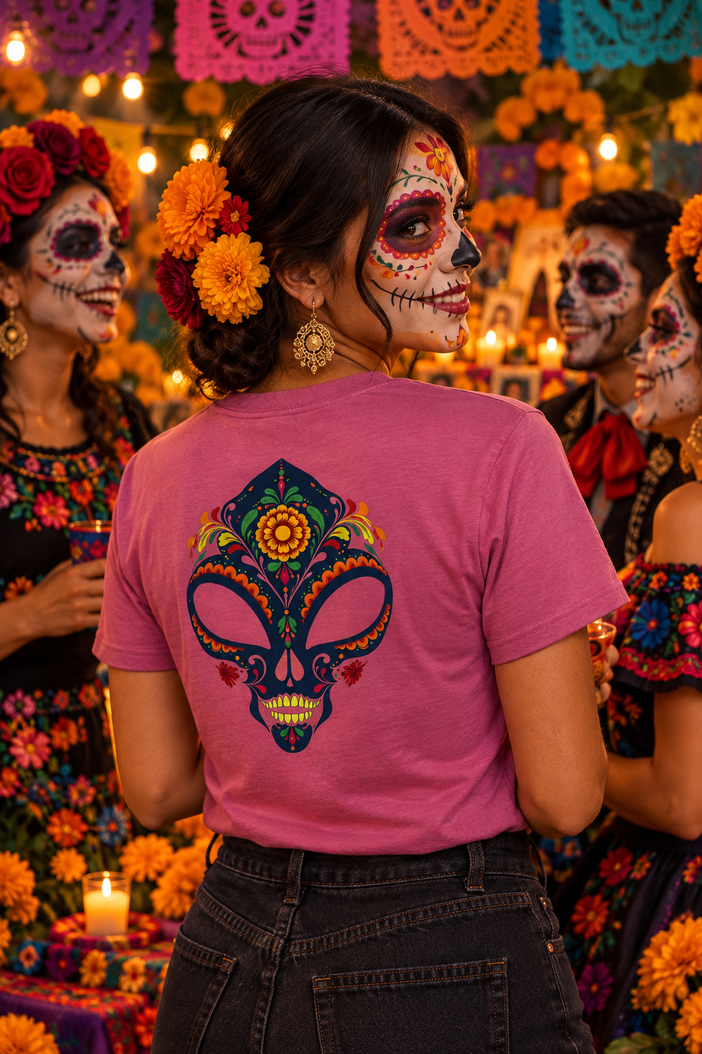Person wearing pink skull t-shirt with Day of the Dead face paint at colorful flower and candle celebration