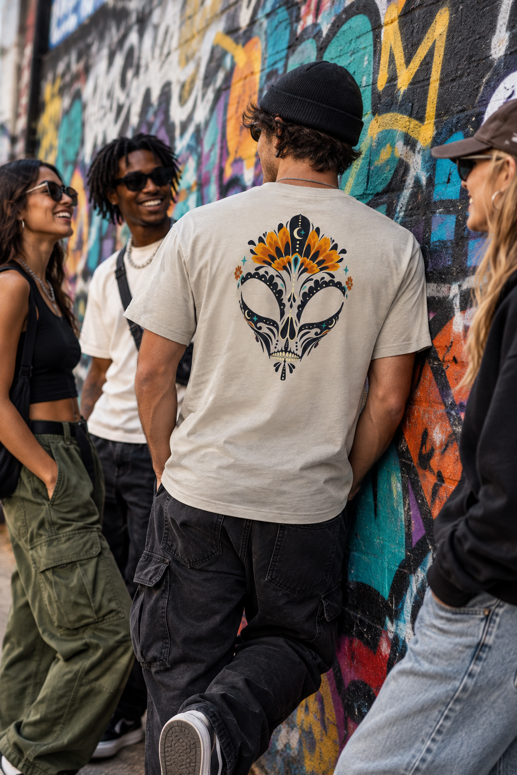 Group of people wearing colorful t-shirts with artistic designs at a vibrant mural wall
