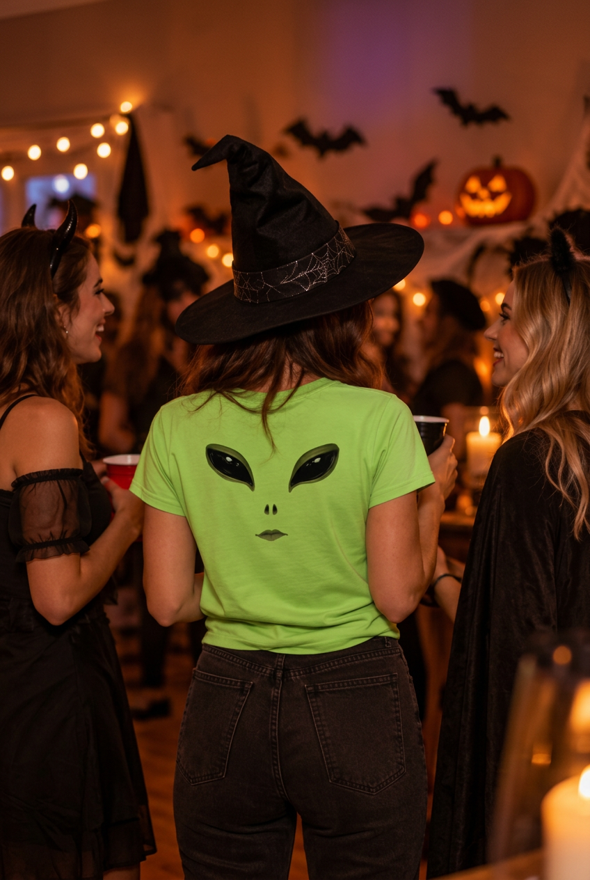 Person wearing a lime green alien face t-shirt and witch hat at a Halloween party