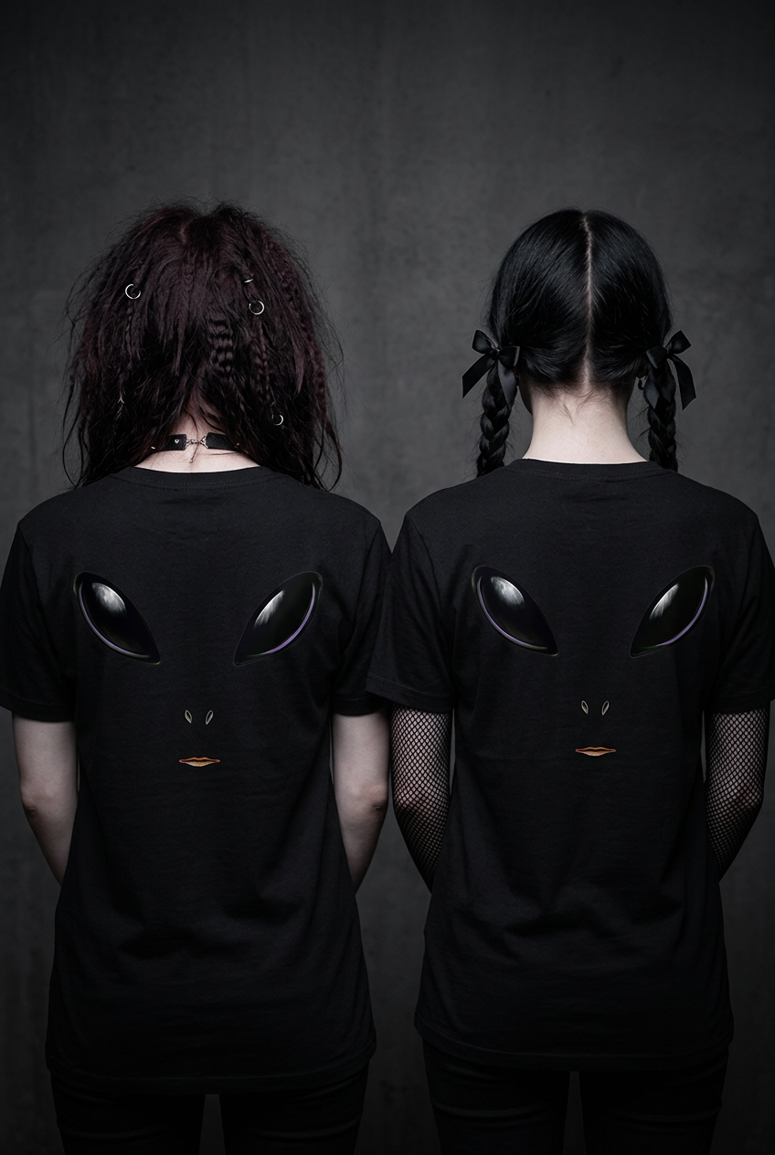 Two people viewed from behind wearing black alien-eye t-shirts against a dark background